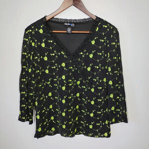 Style & Co Y2K Sheer Sleeve Babydoll Floral Embroidered Top‎ Black Size Large